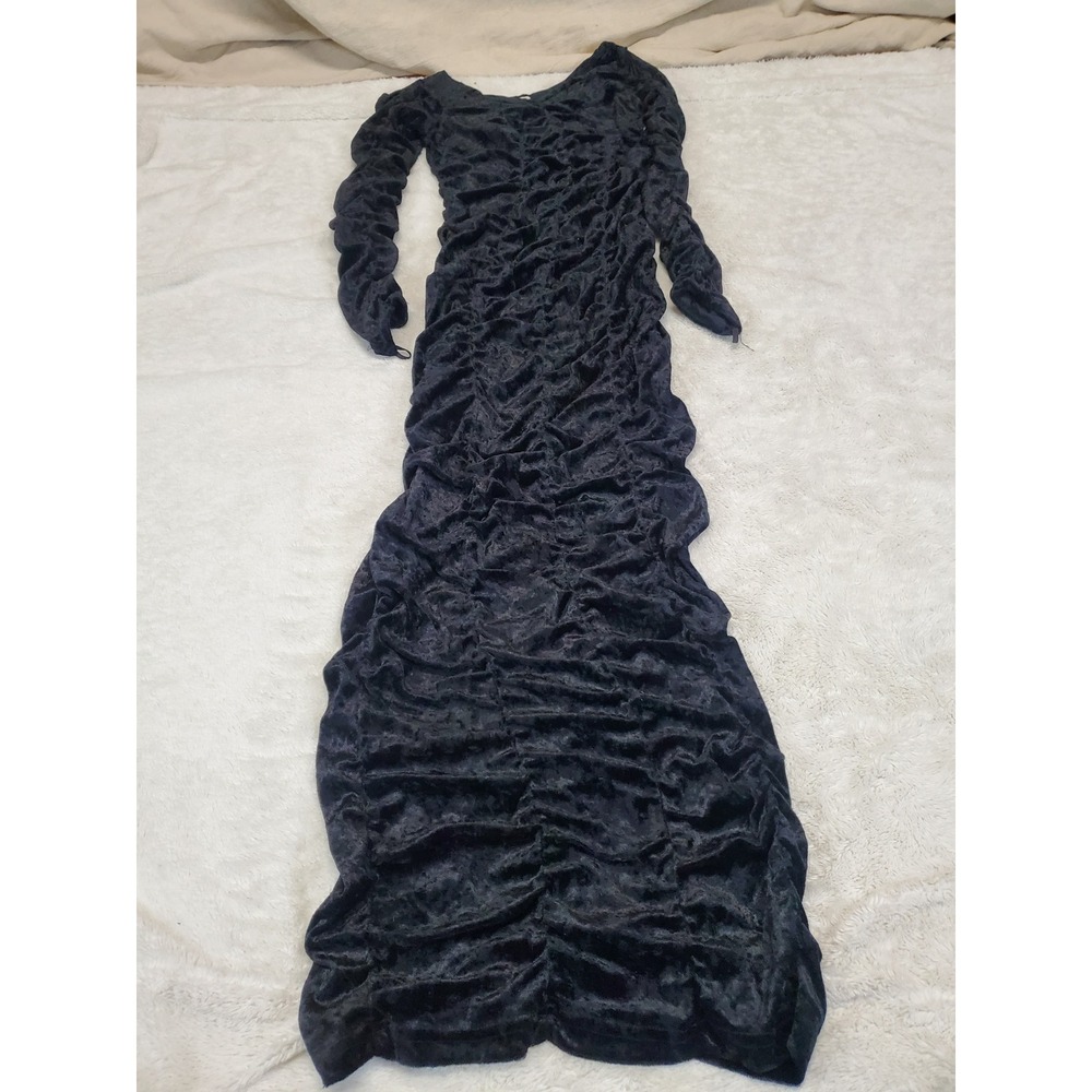 Vintage Black Velvet Ruched Bodycon Coffin Maxi Dress Small Whimsigoth Gothic